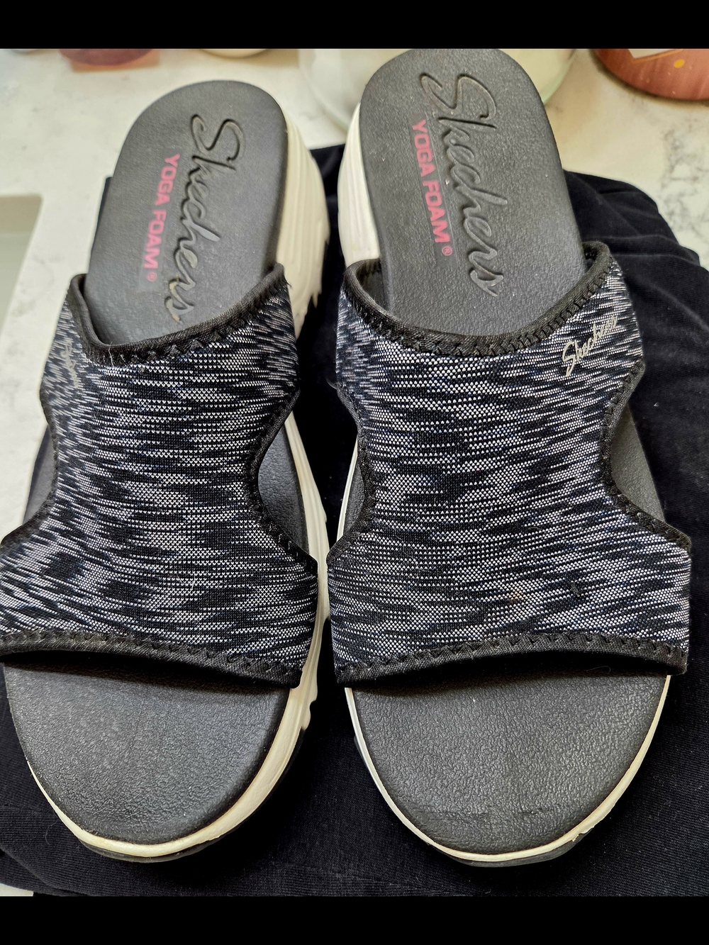 Skechers Women’s Black Stretch Slide Sandals with Yoga Foam